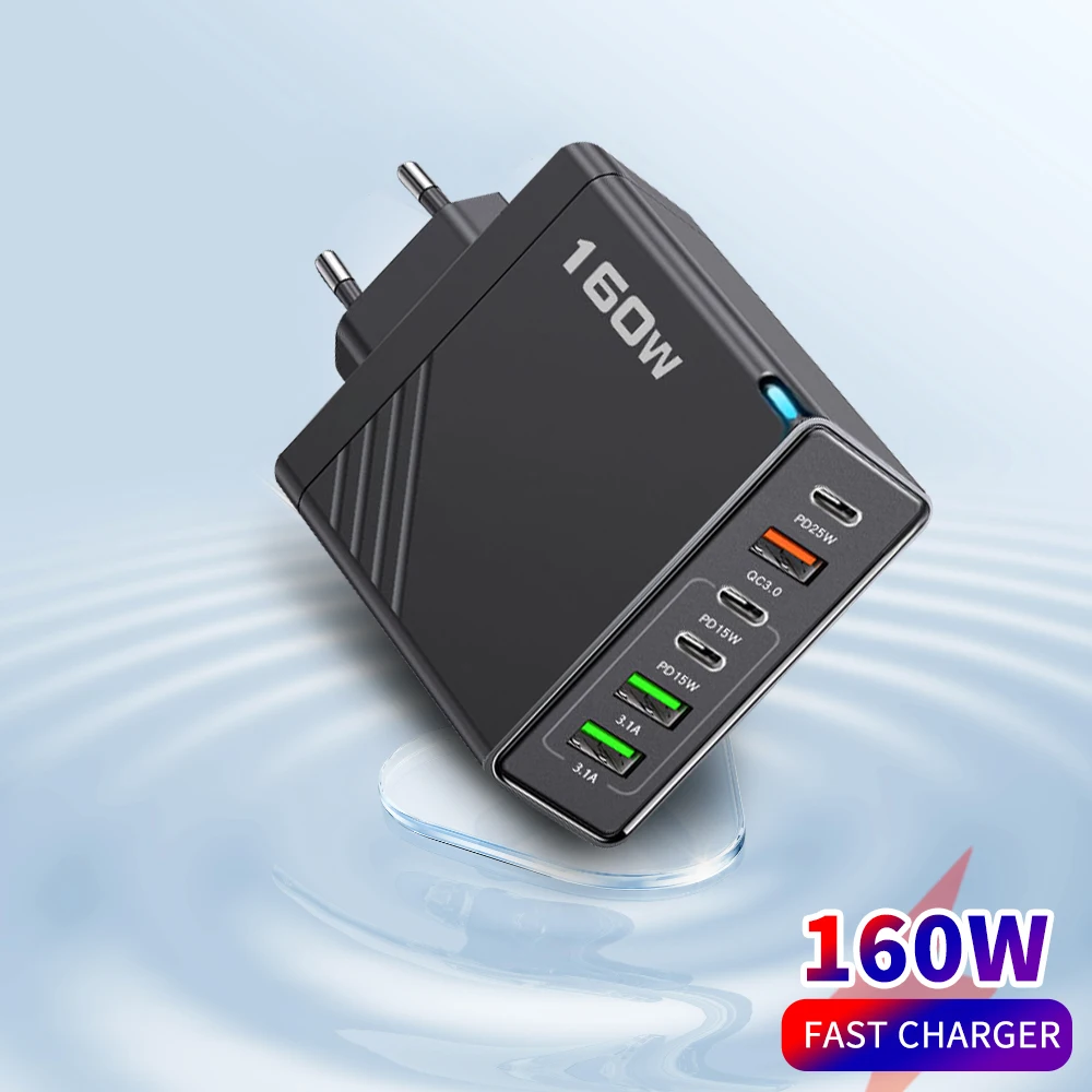 Total 160W Multi Port USB Charger Fast Charging Phone Charger For iPhone Samsung Xiaomi Huawei Quick Charge Type C Wall Adapter
