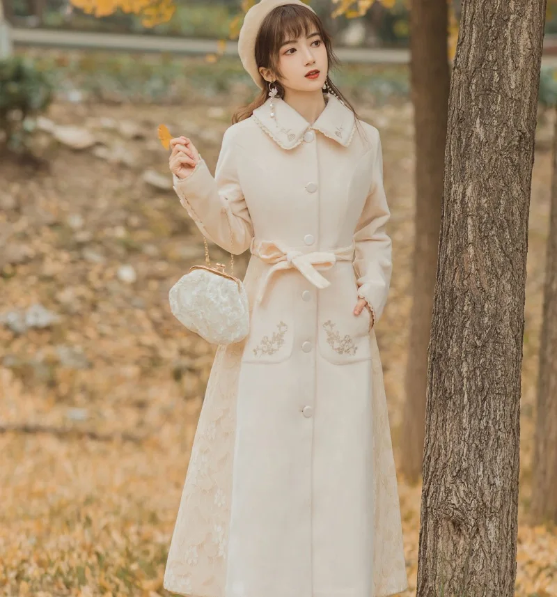 Elegant Fashion Woolen Coat Women Autumn Winter New Vintage Turndown