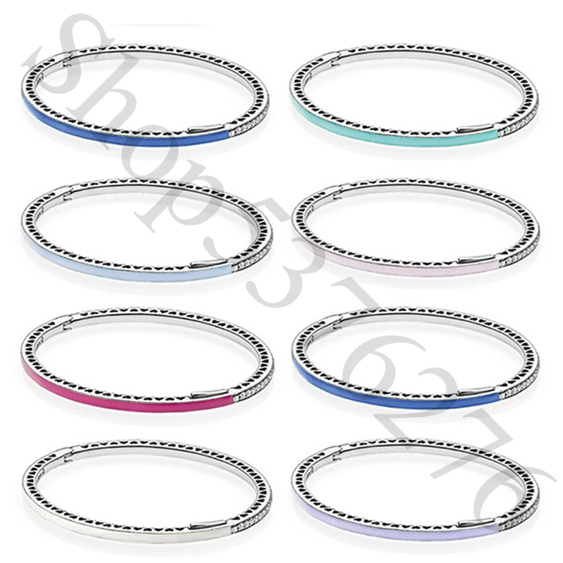 

Real 925 Sterling Silver Pink Blue Red Pink Green White Radiant Hearts of Fashion Bangle Fit Women Bead Charm Gift DIY Jewelry