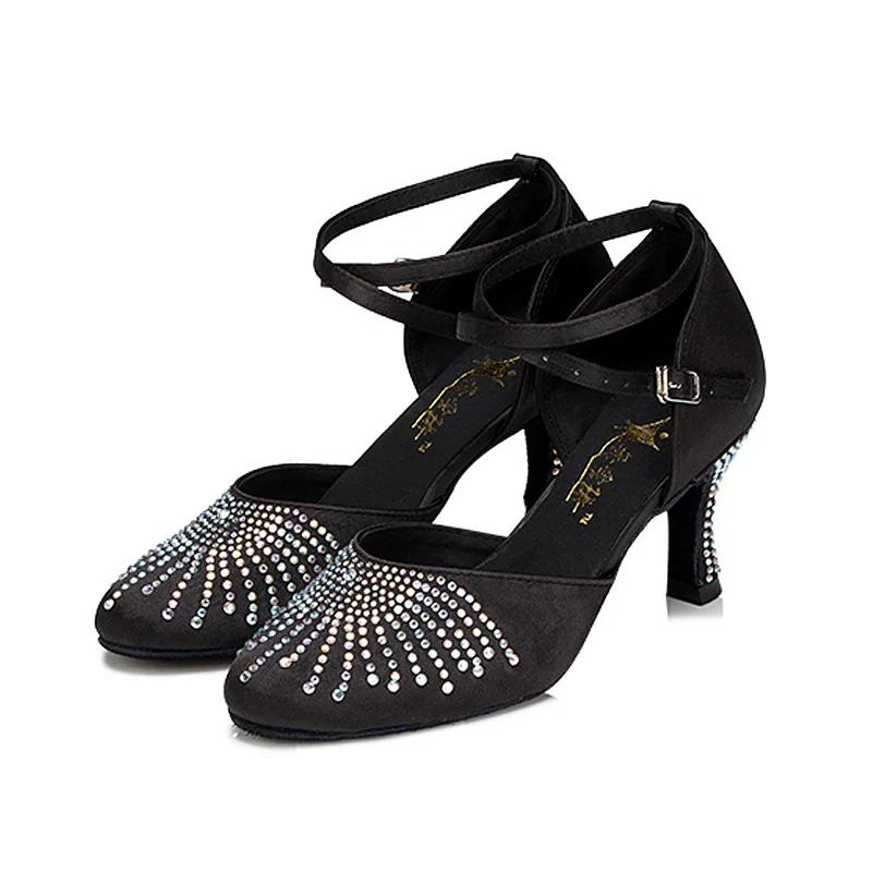

New Arrival Rhinestones Latin Dance Shoes Women Professional Soft Suede Sole Tango Cha-Cha Dance Sandals 3 Colours 7.5cm Heel