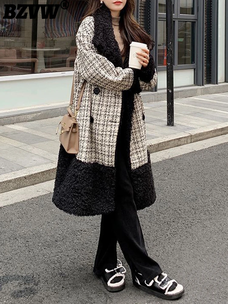 

BZVW Design Sense Checkered Lamb Wool Coat Women 2023 Winter Fashion New Loose Mid-length Thickening Woolen Coat Female 25X2993