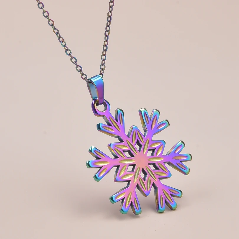 

Christmas Snowflake Stainless Steel Necklace For Women/Men Rainbow Charm Collar Pendant Trendy Long Chain Choker Female Jewelry