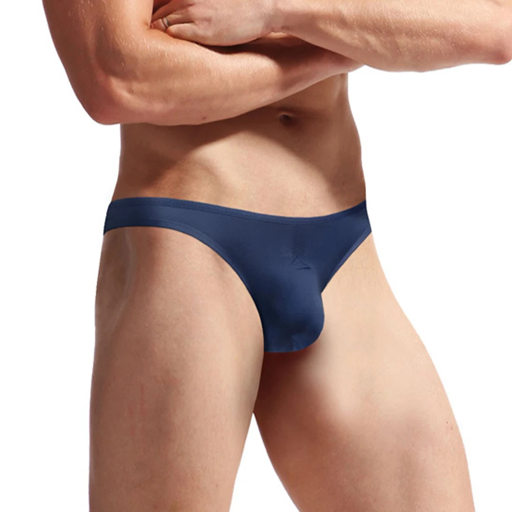 

Men Ice Silk Bikini Briefs Seamless Mesh Trunks Big Pouch U Convex Underwear Hight Cut Elastic G-strings Solid Short Swimwear