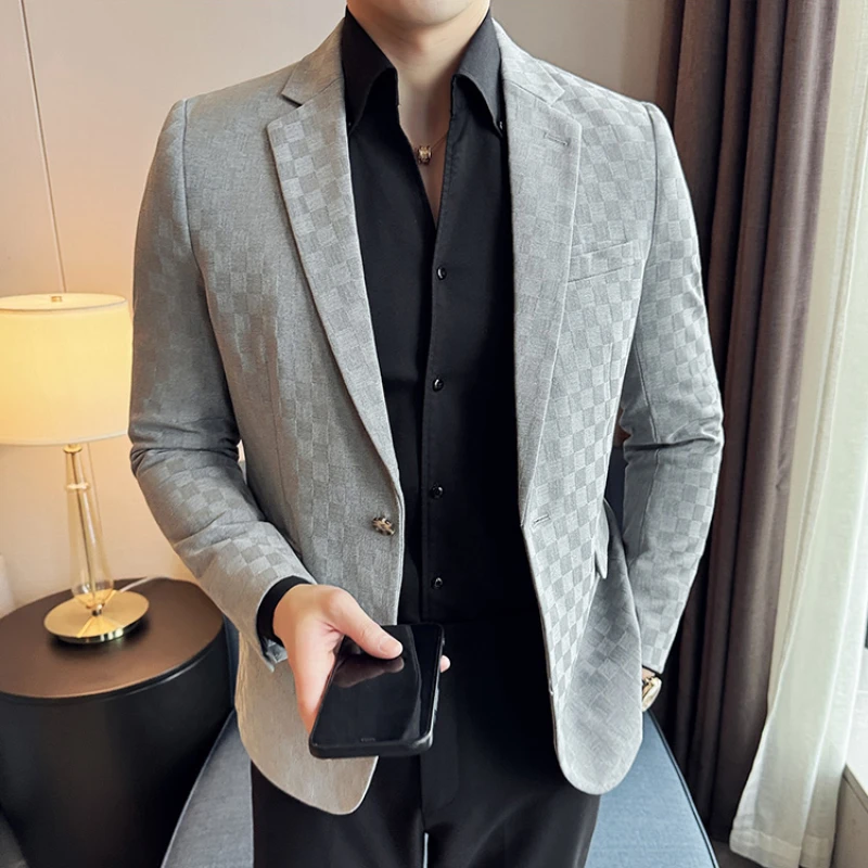 Spring Plaid Blazers Men Single Breasted Casual Business Suit Jacket Fashion Slim Social Banquet Wedding Groom Dress Coats