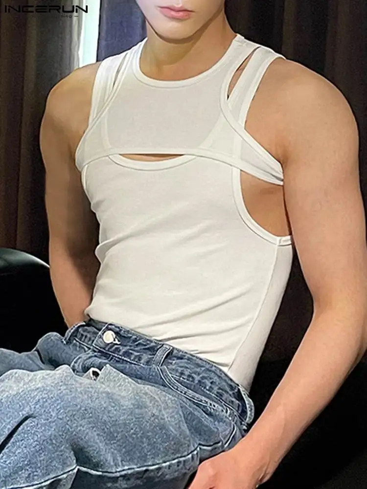 

INCERUN 2023 Men Tank Tops Solid Color Round Neck Streetwear Sleeveless Hollow Out Sexy Vests Fitness Casual Men Clothing S-5XL