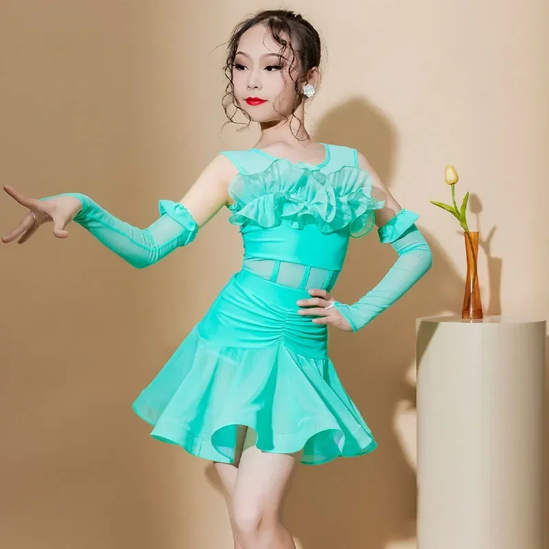 Girls Latin Dance Costumes Spring Summer Children Training Performance Costumes Lace Skirt