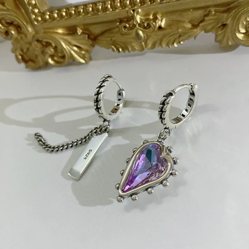 Crystal Love Pendant Chain Asymmetric Hoop Earrings For Women Light Luxury Temperament Dangle Earrings Party Jewelry Gift