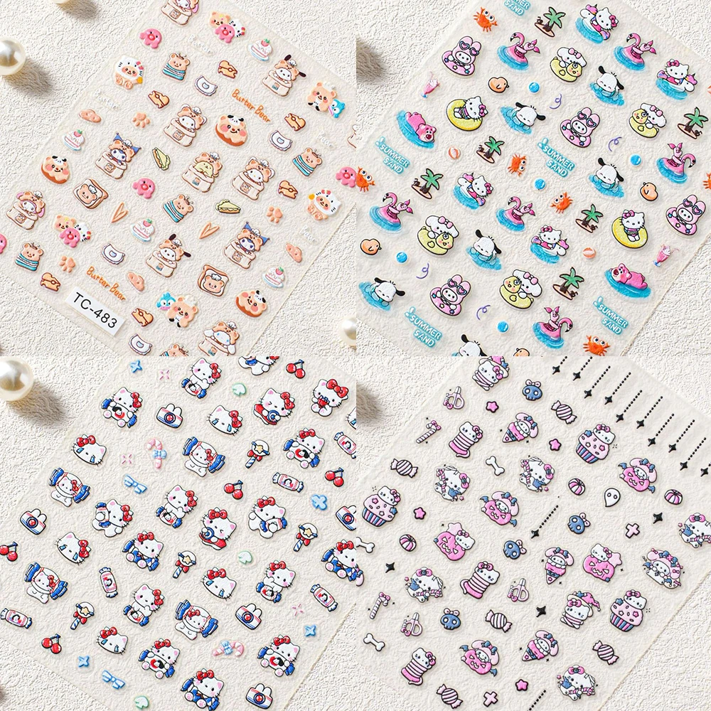 Kawaii Cartoon 5D Embossment Nail Art Stickers Hello Kitty Cinnamoroll Mymelody Kuromi Pochacco Manicure Decoration Accessories