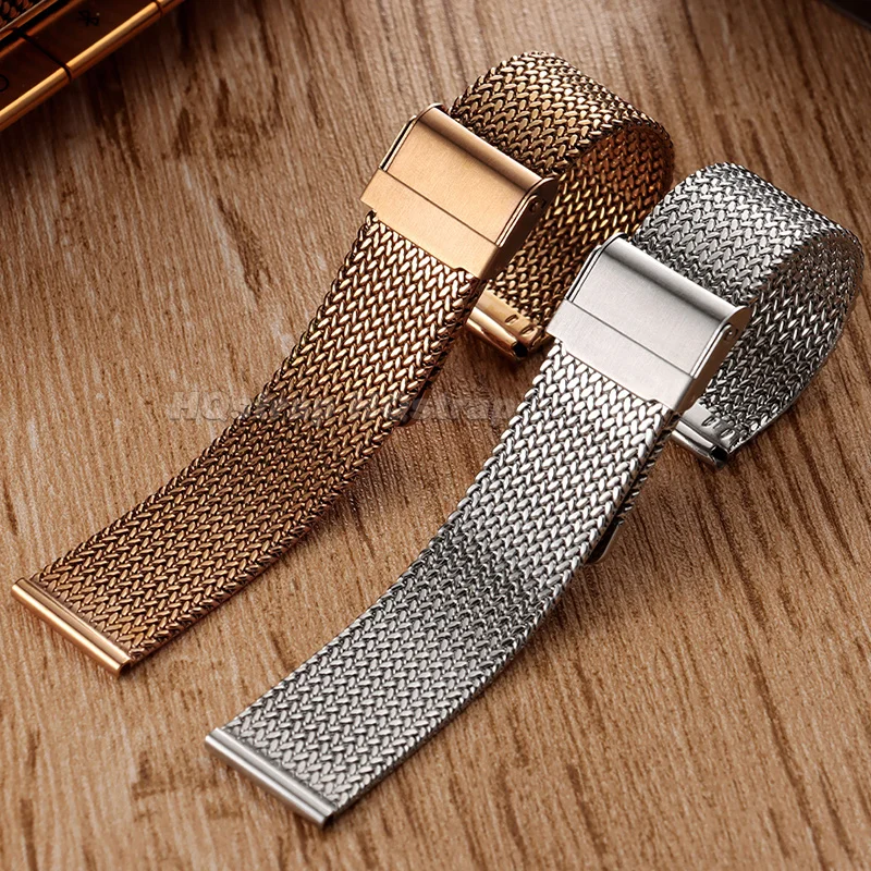Elegant Milanese Stainless Steel Watch Strap - Thick Loop Mesh in Silver, Gold, Rose Gold, and Black