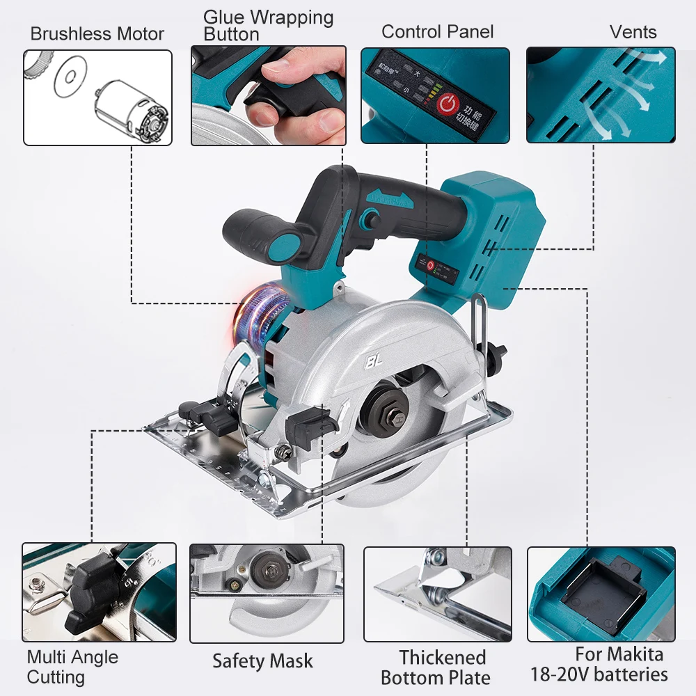 Hormy Brushless 5In Electric Circular Saw 125mm Mini Cordless 45° Adjust Woodworking Power Tools For Makita 18V Lithium Battery 5