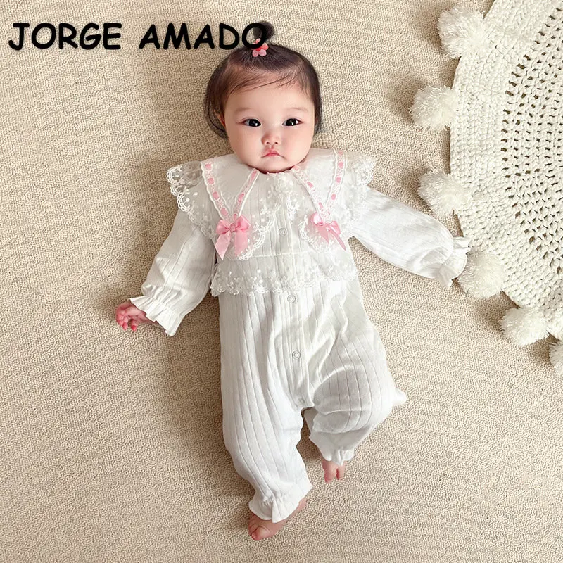 

New Spring Autumn Baby Girl Romper White Pink Lace Turn-down Collar Long Sleeve One Piece Jumpsuit Newborn Clothes E2156