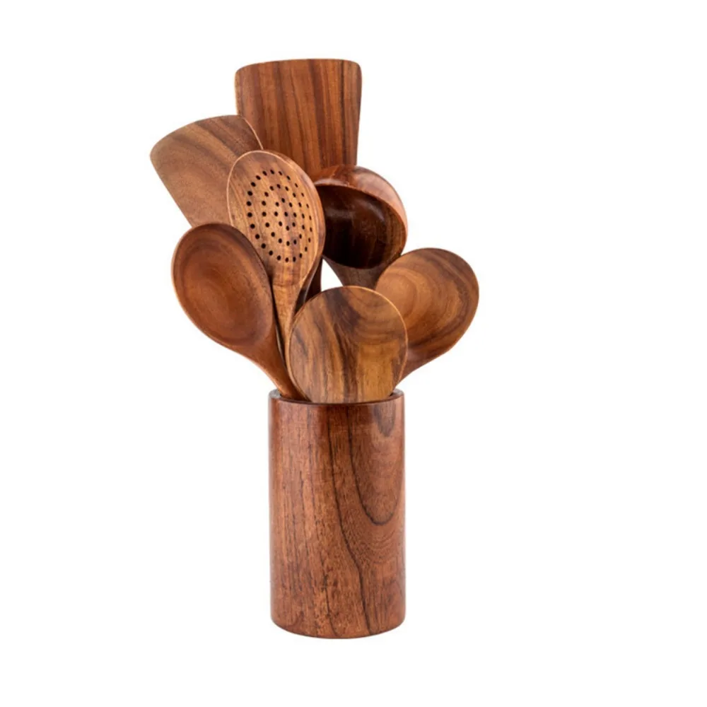 1-8pcs Wooden Spoons Cooking Set Utensils for Cooking with Utensils Holder Teak Wooden Kitchen Set посуда для кухни