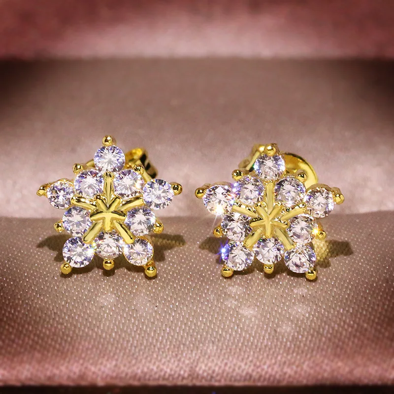 

New Fashion Super Shiny Rose Gold Five-Pointed Star Snowflake Round Full Diamond Stud Earrings For Women Wedding Gift Jewelry