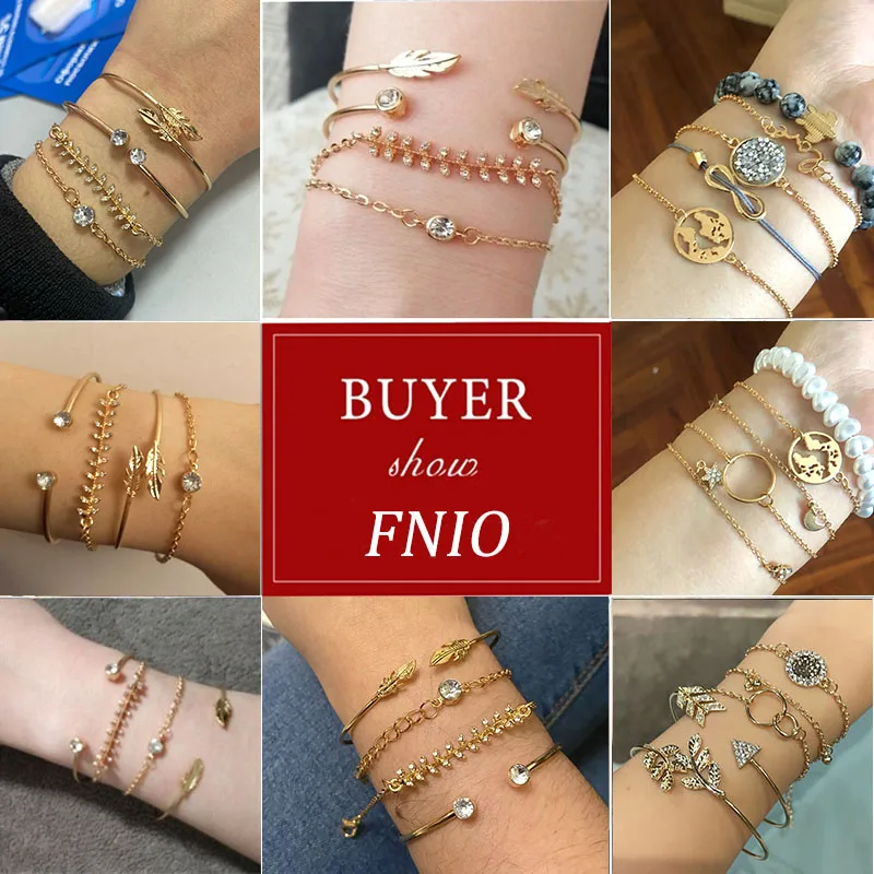 FNIO 4Pcs/Set Geometric Crystal Charm Bracelets for Women Leaf Bangles Bracelets Set Simple Wrist Chain Lady Boho Bracelet bracelet jewelry