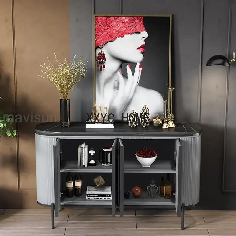 Grey Display Sideboards For Entrance Hall Stable High Carbon Steel Base Rock Board Countertop Modern Kitchen Storage Cabinets