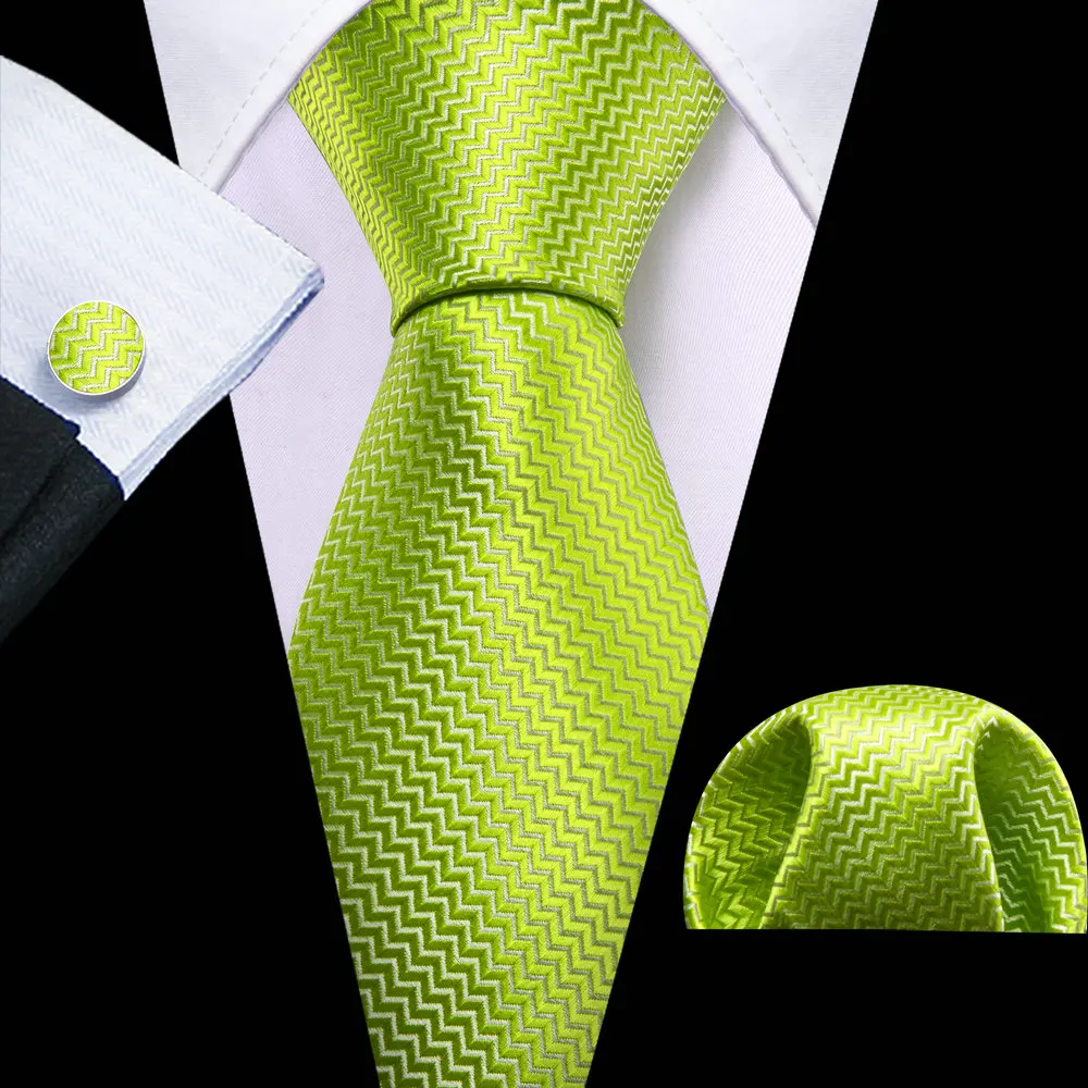

Pea Green Stripe Necktie For Men Luxury Silk Solid Handkerchief Cufflinks Suit Tie Sets Wedding Party Gifts Barry.Wang Designer