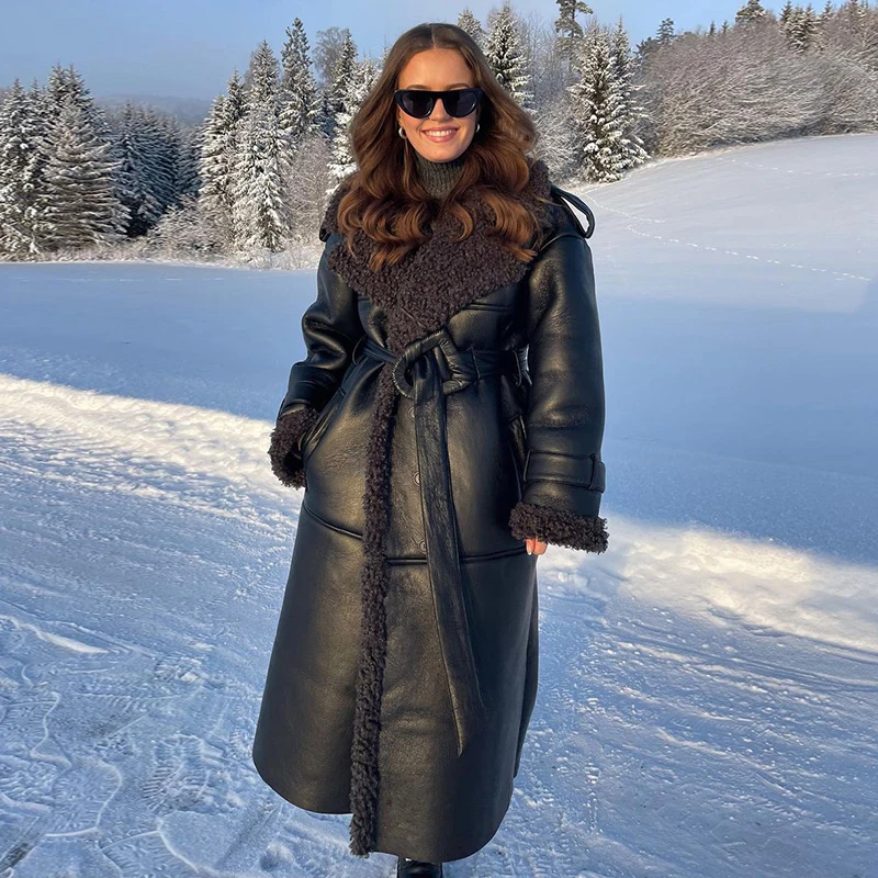 Fashion Lamb Wool PU Leather Long Jacket Women With Belt Patchwork Lapel Pocket Oversize Overcoat Winter Warm Thick Outwear