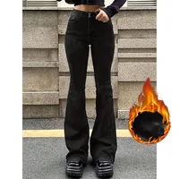 Woman High Waist Plush Flare Jeans Female High Street Goth Thicken Bell Bottom Pants Girls Fashion Black Gray Y2k Denim Trousers