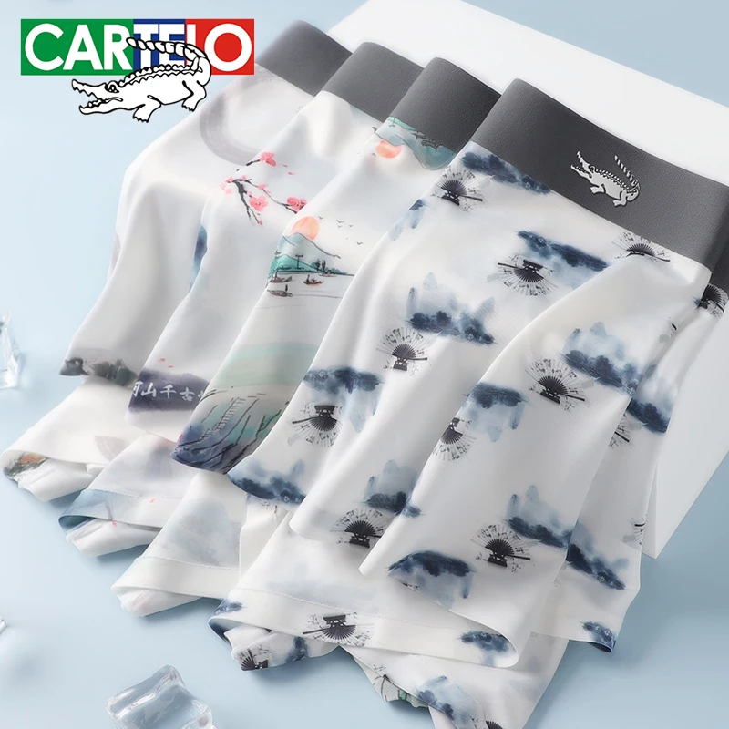 Cartelo Ice Silk Men Underwear 3A Grade Antibacterial Boxer Multi color Traceless Printed Underpants Elastic 3pcs Male panties bridalaffair mens suits slim fit floral printed wedding tuxedos suit for men 3pcs blazer suit jacket vest pant costume homme