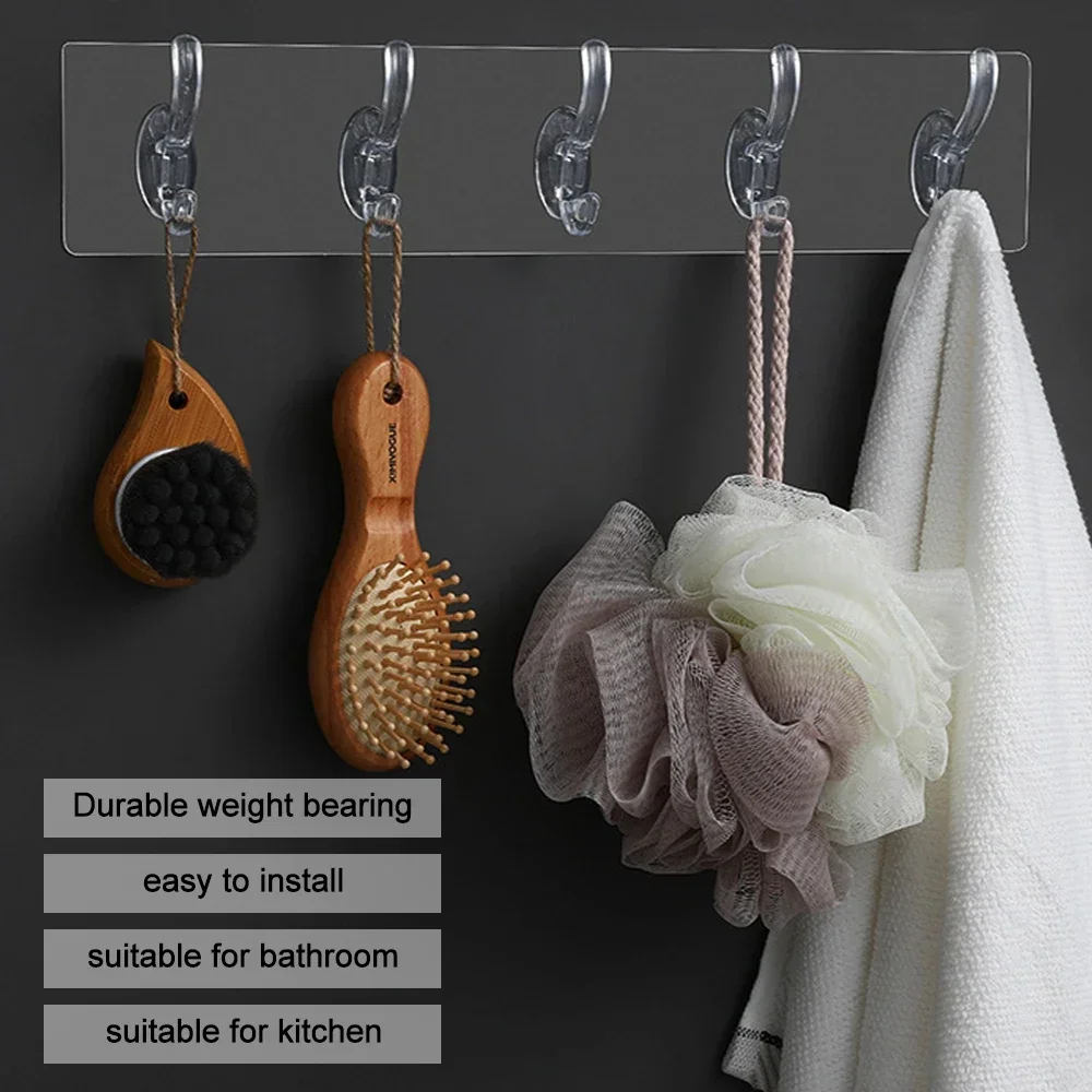 3/5/6 Row Transparent Hook Punch-Free Wall Strong Sticking Hook Holder for Hat Clothes Hanger Towel Holder Bathroom Storage Rack