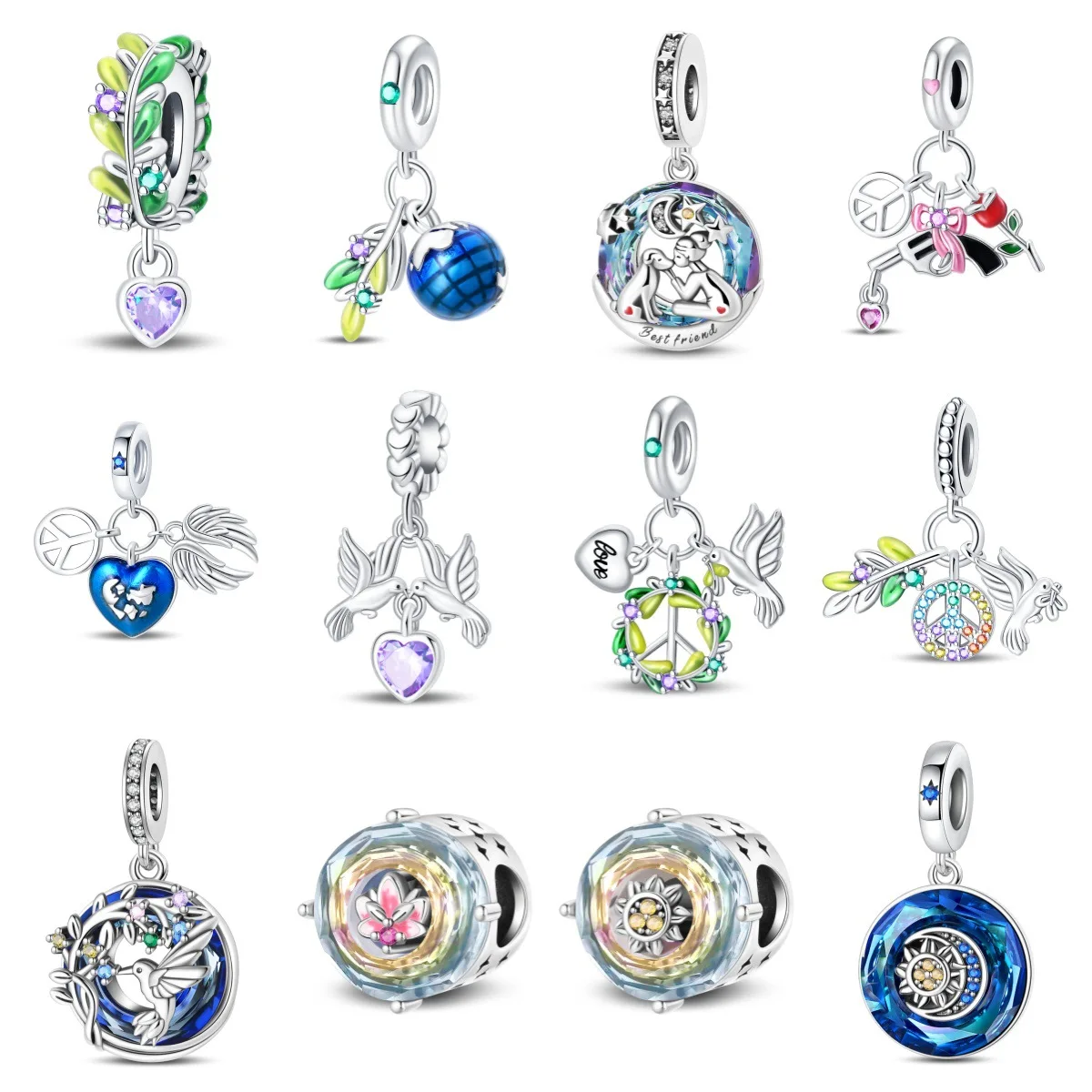 Silver Plated Beads with Colorful Crystal Pendant - Peace Dove, Globe, and Rose Heart Design