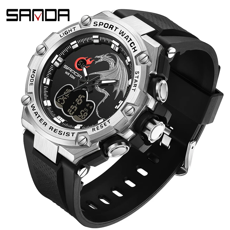 

SANDA Outdoor Sport Watches Men's Military Dual Time Watch LED Digital Male Waterproof Dual Display Wristwatch Male Stopwatch