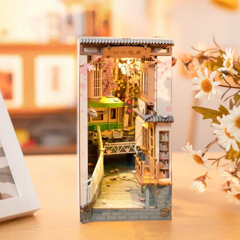 

Wooden Insert Art Book Diy Cabin Cherry Blossom Tram Bookshelf Decorative Light Model Building Kit Creative Splicing