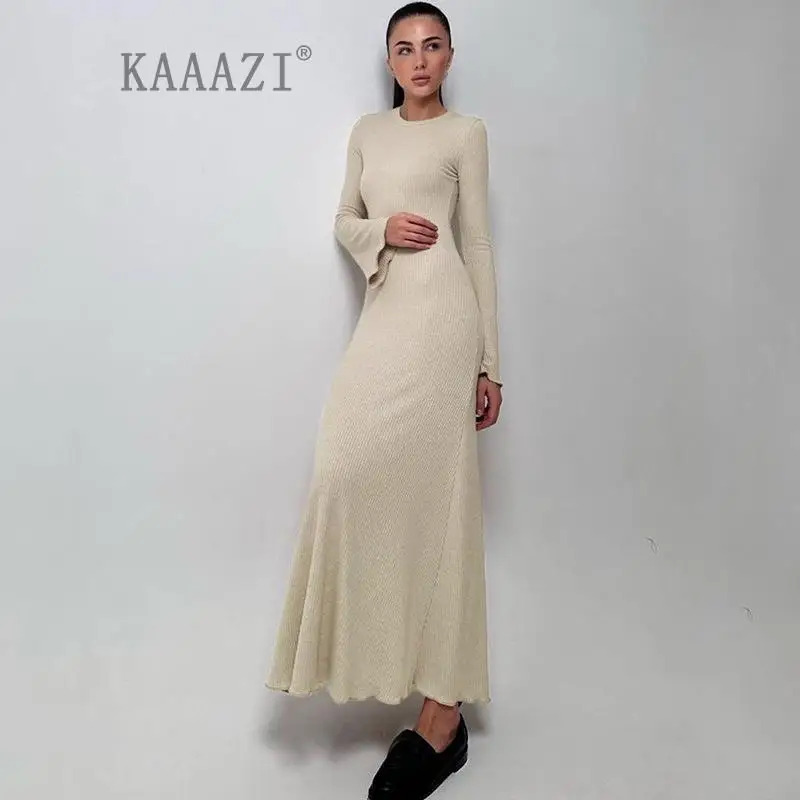 

KAAAZI Elegant Pullover Long Dress O-neck Slim Solid Long Sleeve A-line Fashion Winter New Women Casual Maxi Dress Vestidos