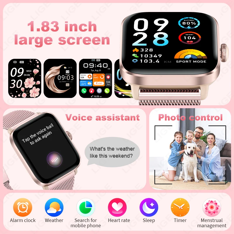LIGE 1.83" Bluetooth Call Smart Watch Women Custom Dial Watches Men Sports Fitness Tracker Heart Rate Smartwatch For Android IOS