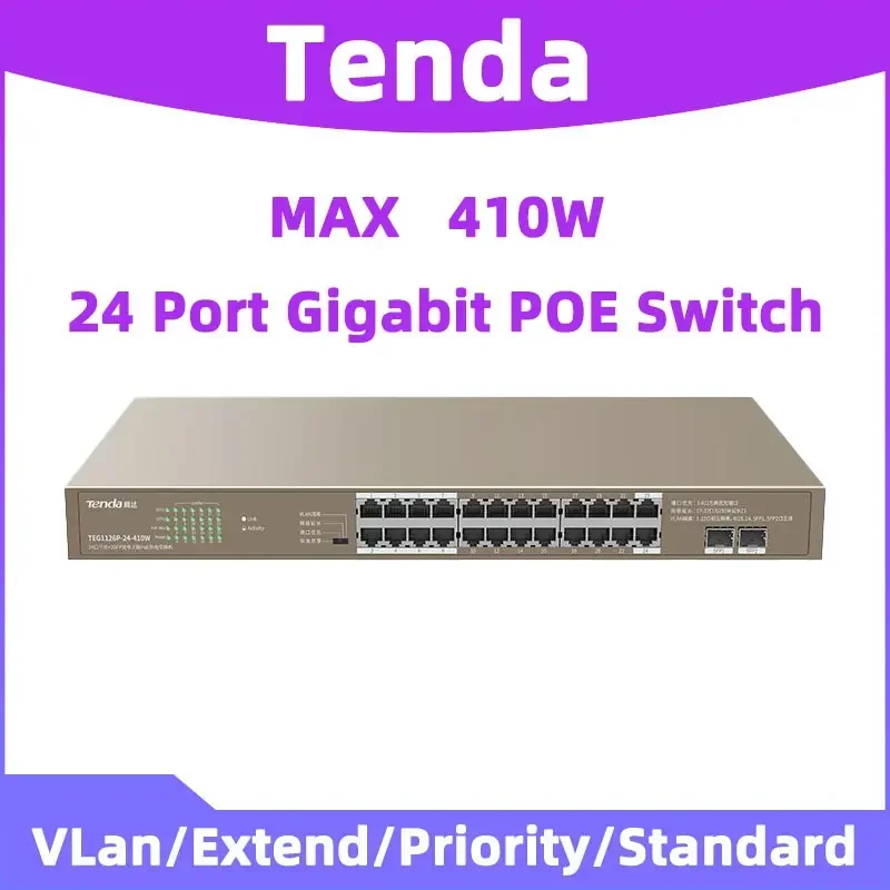 

Tenda TEG1126P-24-410W 26 Port Full Gigabit PoE Power Supply Switch Monitoring 24GE+2SFP Ethernet Switches Gigabit Fibra
