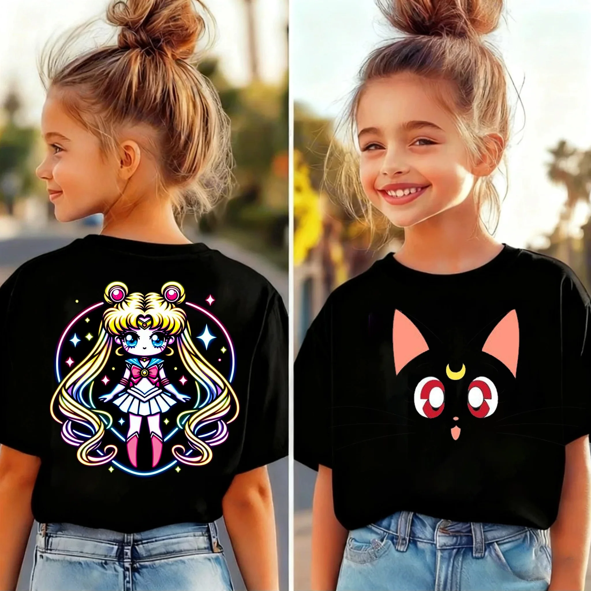 Children's Summer Sailor Moon Cartoon Print Loose Fit T-Shirt