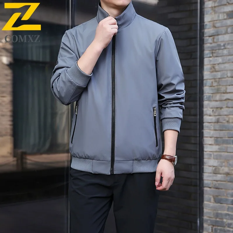 COMXZ 2025 New Spring Autumn Men Reversible Coat Mid Age Lapel Jacket Loose Fit Big Size Top Waterproof Windproof windbreaker