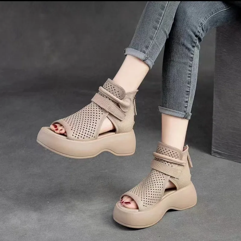New Women Sandals Roman High Heels Shoe Ladies Vintage Genuine Leather Thick Bottom Sandalias Mujer Sapato Feminino Footwear