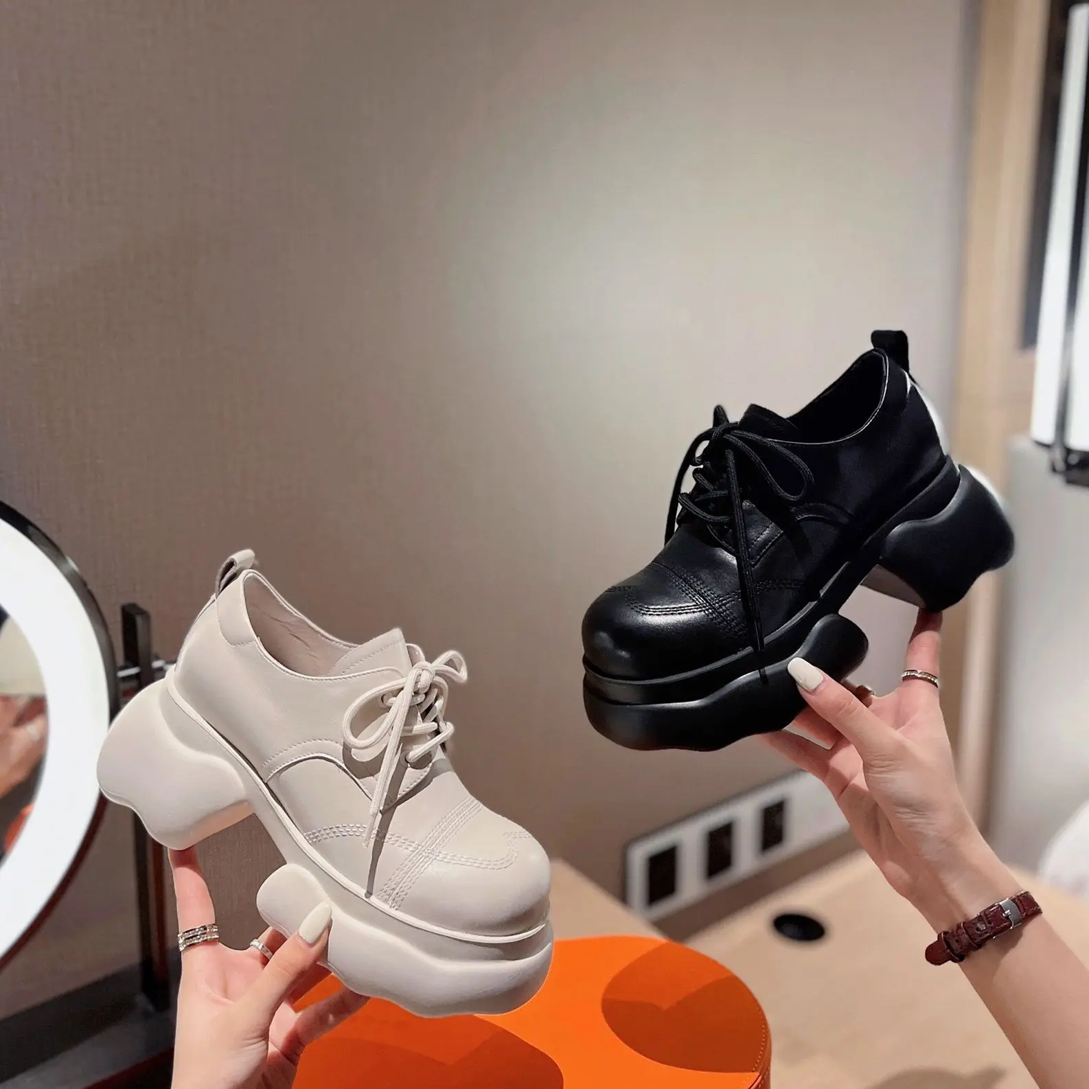 

Chunky Heels Platform Pumps 2023 Spring Lace Up Thick Sole Oxford Shoes Round Toe Genuine Leather Special Design Fashion 2023