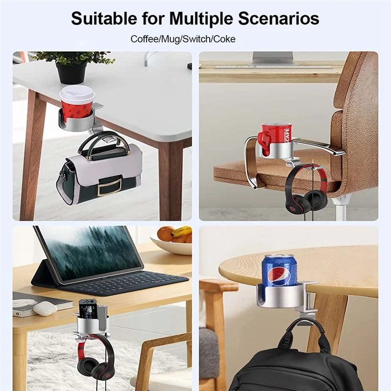 Desk Cup Holder Anti-Spill Cup Holder With Headphone Hanger For Desk Or Table Silver