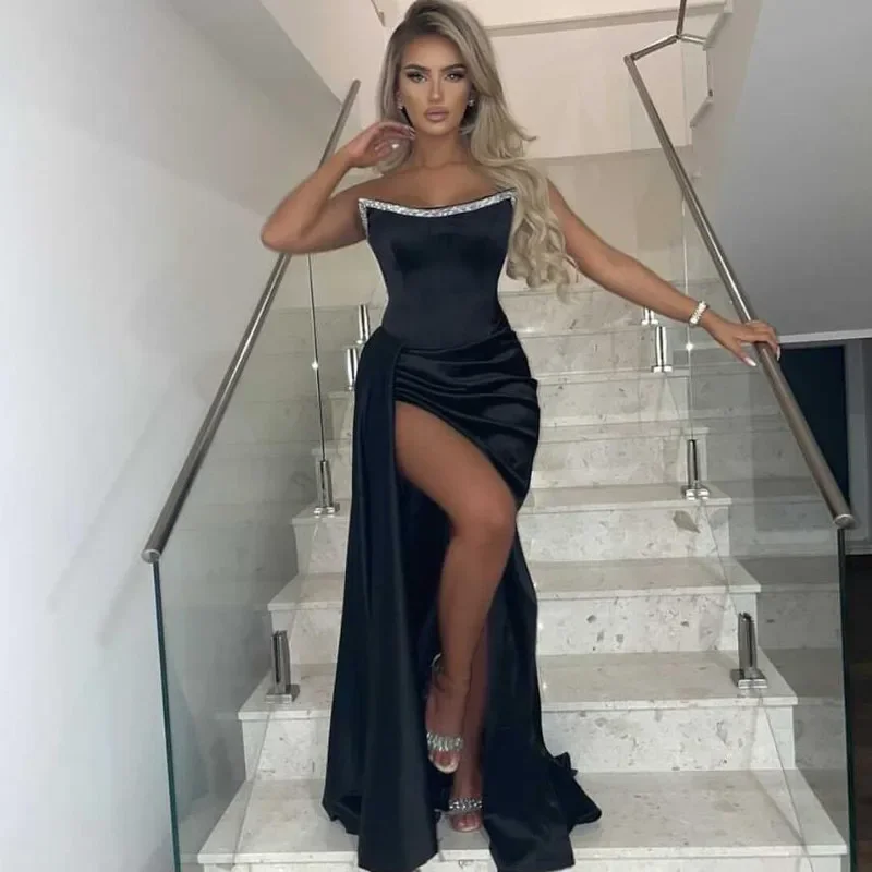 

Сексуальные черные вечерние платья с бусинами без бретелек, атласные с высоким разрезом, Длинные официальные платья-русалки для выпускного вечера, вечерние платья на заказ