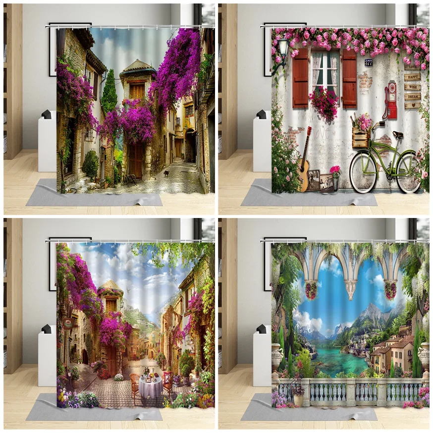 

Занавеска для душа с изображением природного пейзажа, Весенняя висячая штора из полиэстера с растениями, цветами, уличным ландшафтом для ванной комнаты