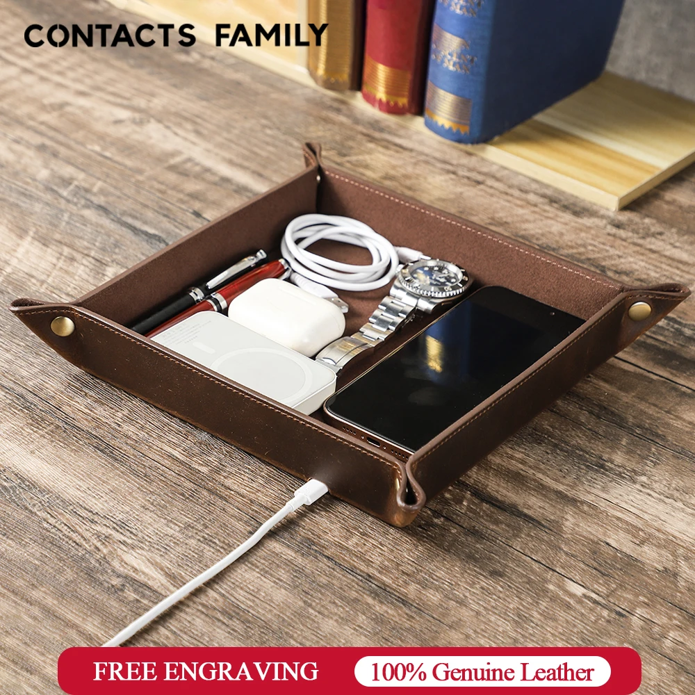 Creative Genuine Leather Valet Tray with Wireless Charging for Phone Key Coin Pen Desktop Storage Sundries Case Box Ornaments