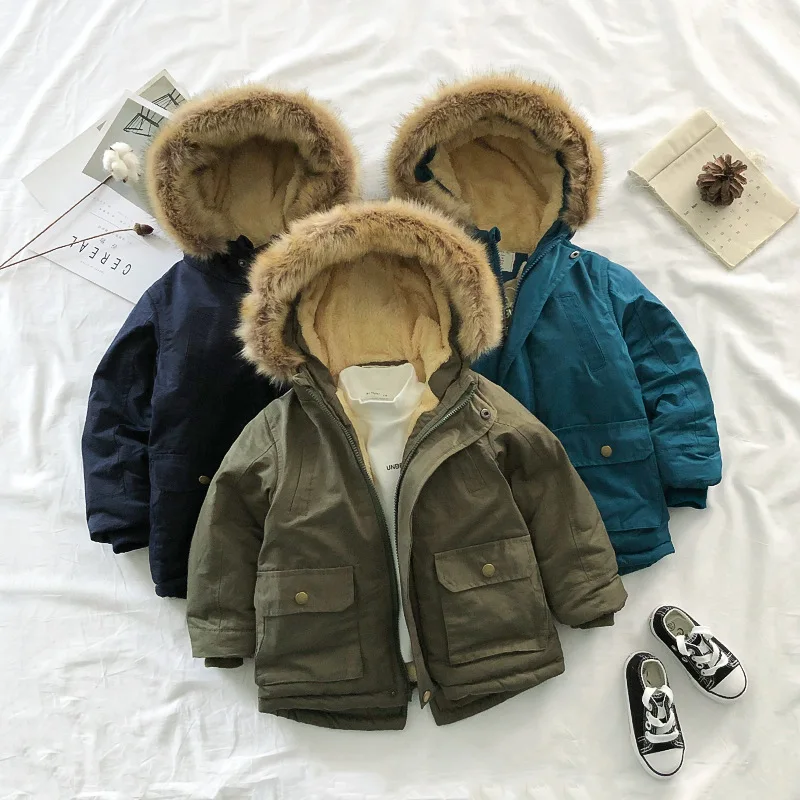 

Boys Pike Jacket 2023 Winter New Solid Color Mid-Length Lining Plus Velvet Cold Protection Hooded Windbreaker Coats For 2-14Y