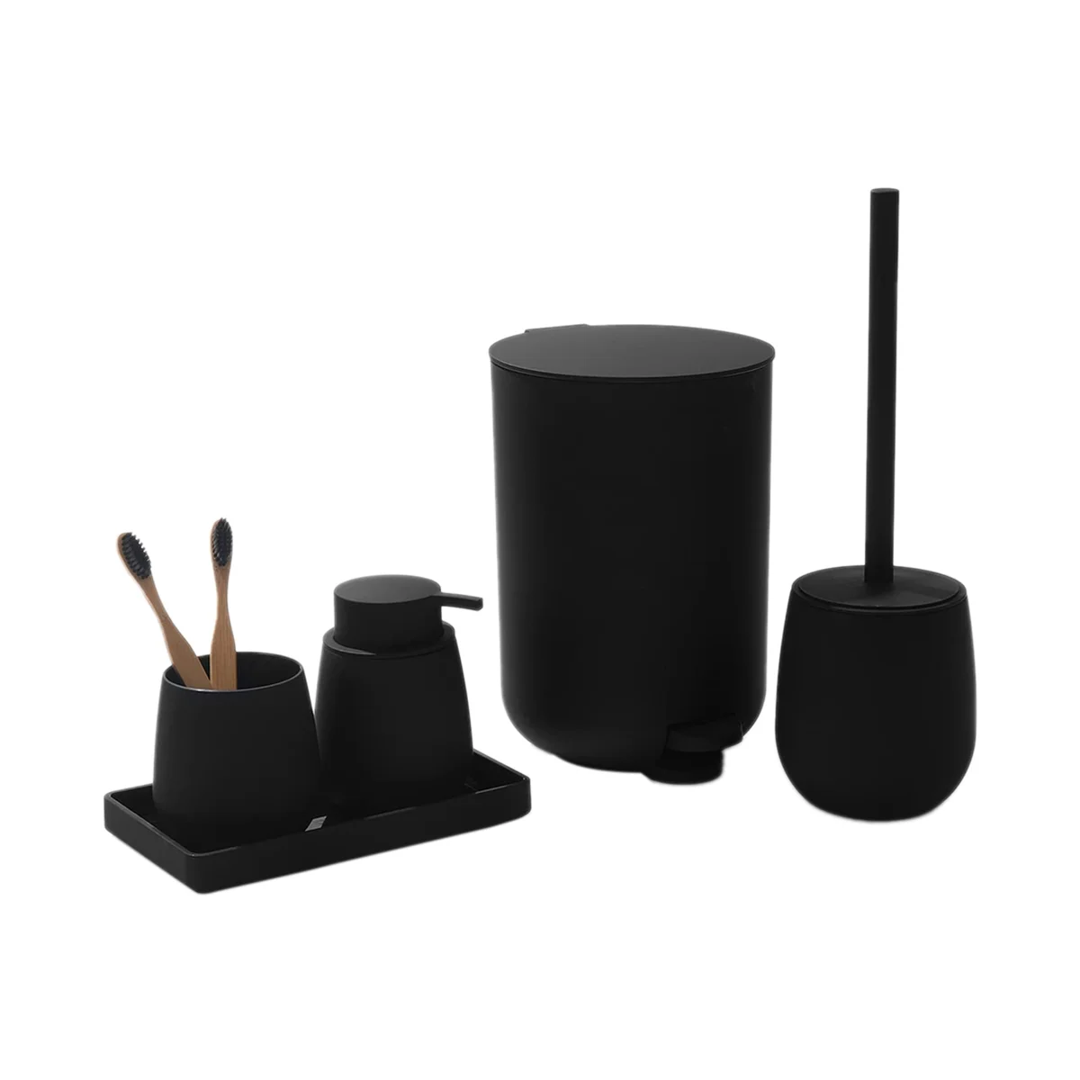 

Bathroom Set Small Trash Can, Toothbrush Holder, Soap Dispenser, Dressing Table, Toilet Brush and Holder (Black)