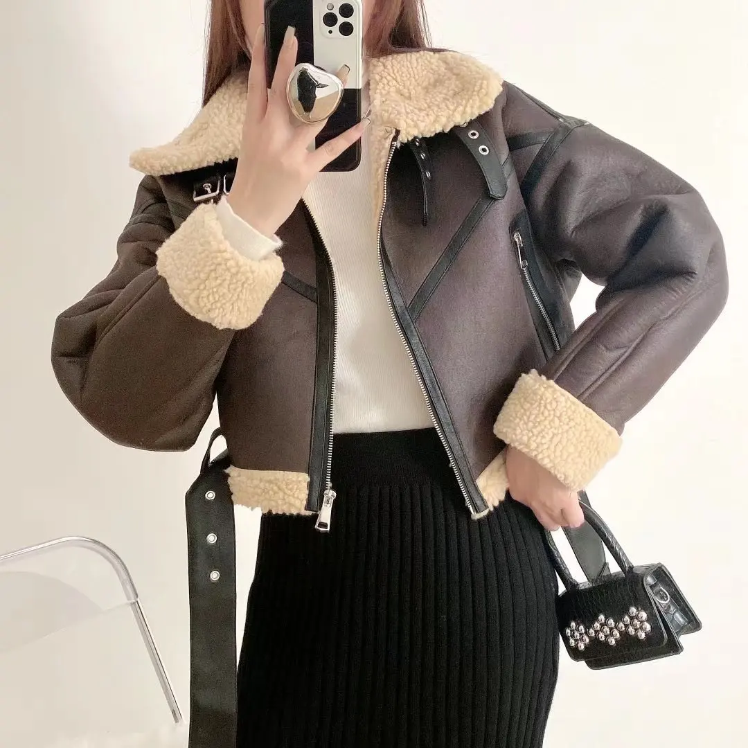 

TRAF Winter Women Streetwear Faux Lamb Leather Fur Short Jacket with Belt Moto Biker Thick Warm Sheepskin Coat Outwear