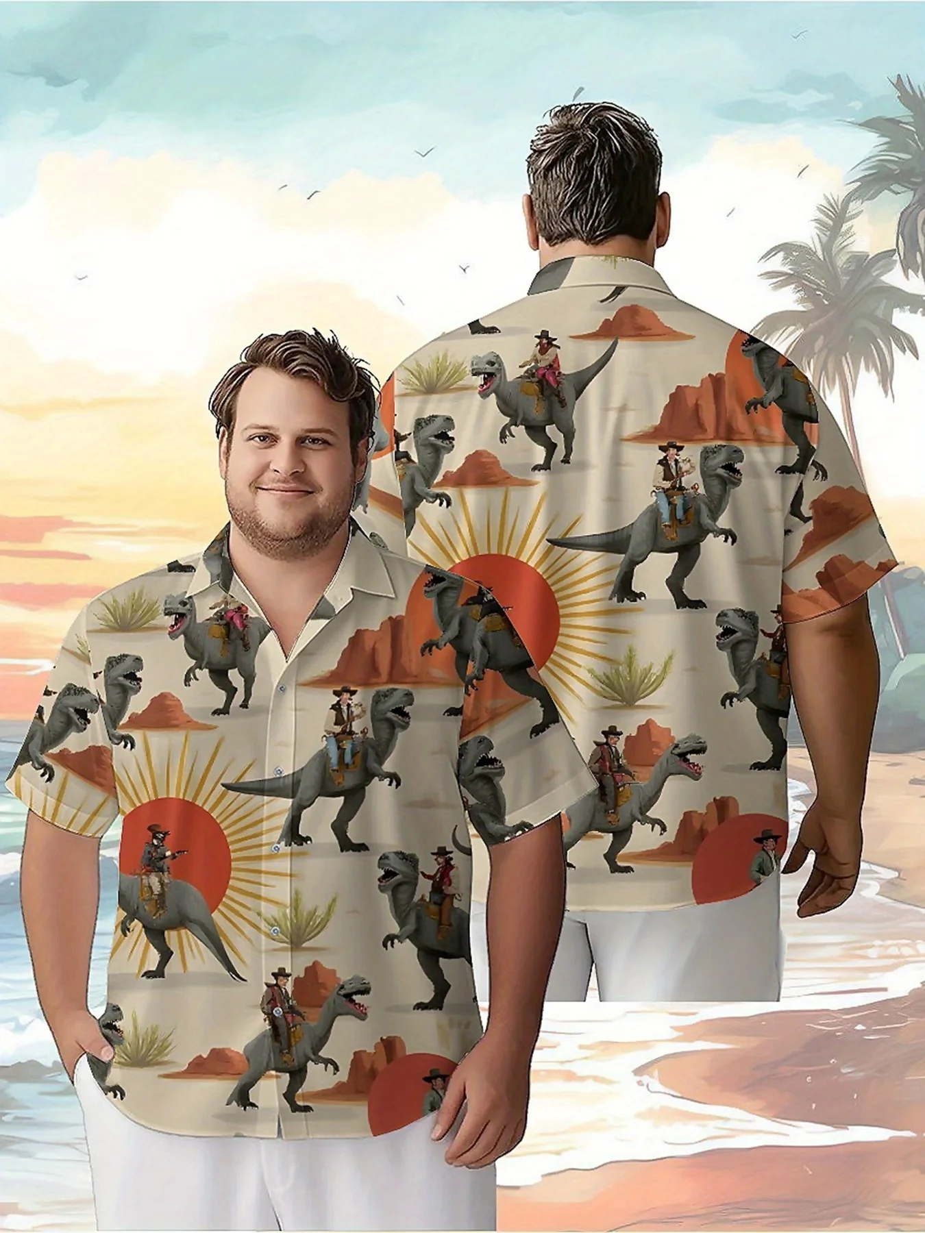 Men's Plus Size Hawaiian Shirts _Western Cowboy and Dinosaur Adventure Pattern,Unisex Baggy Aloha Shirts,Alternative Clothing