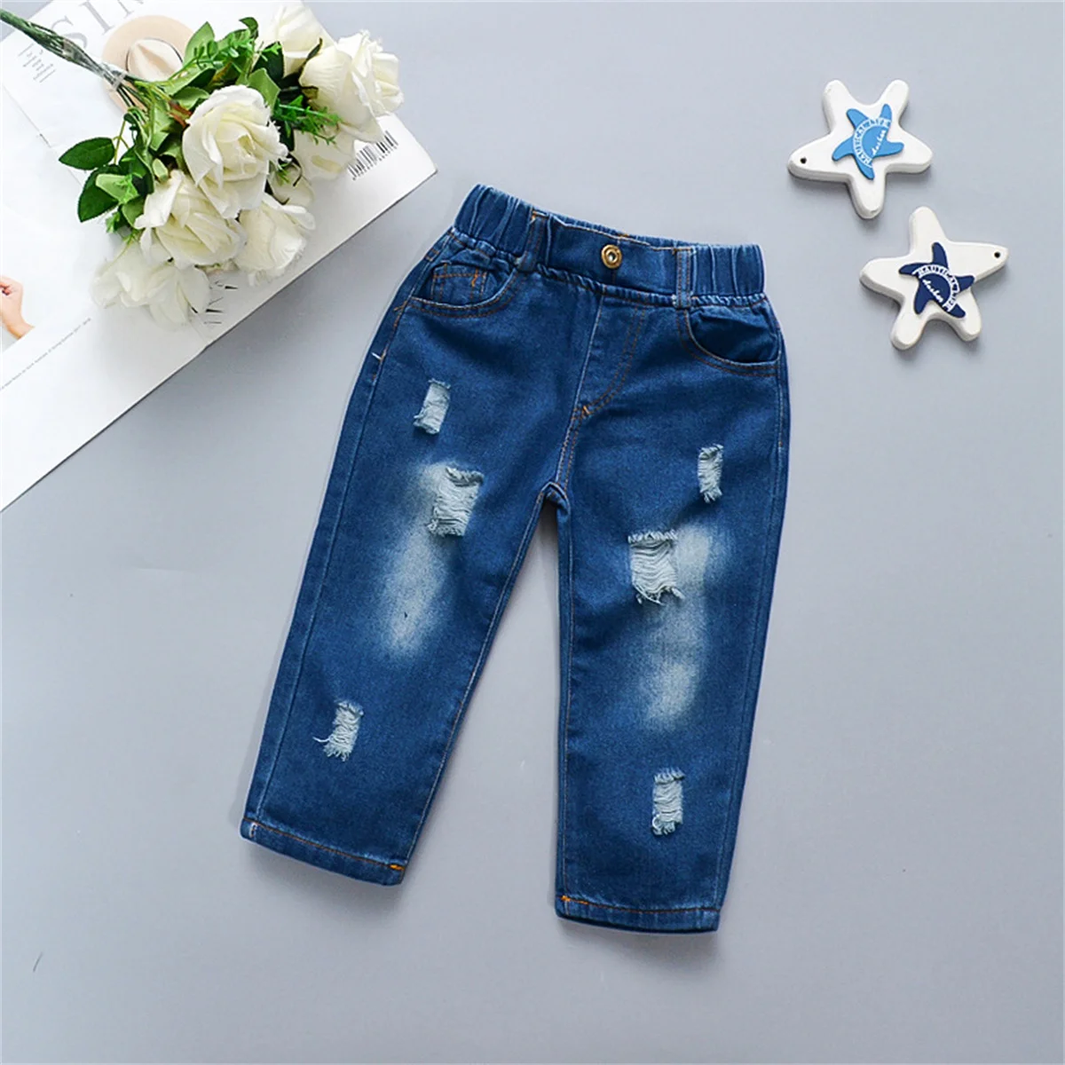 Baby Girls Jeans Stretch Perforated Pants Autumn