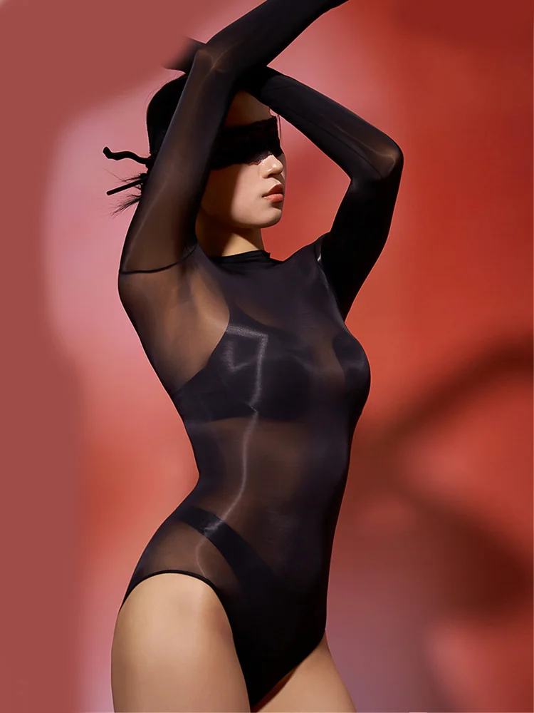 Women's Shiny High-Cut Glossy Bodycon Bodysuit with Sheer Seamless Design