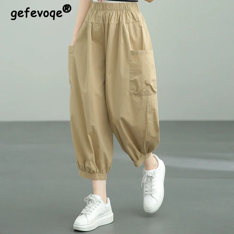 Women Y2K Casual Streetwear Cotton Baggy Harem Pants Summer Vintage Breathable Elastic Waist Loose Cropped Trousers Pantalones
