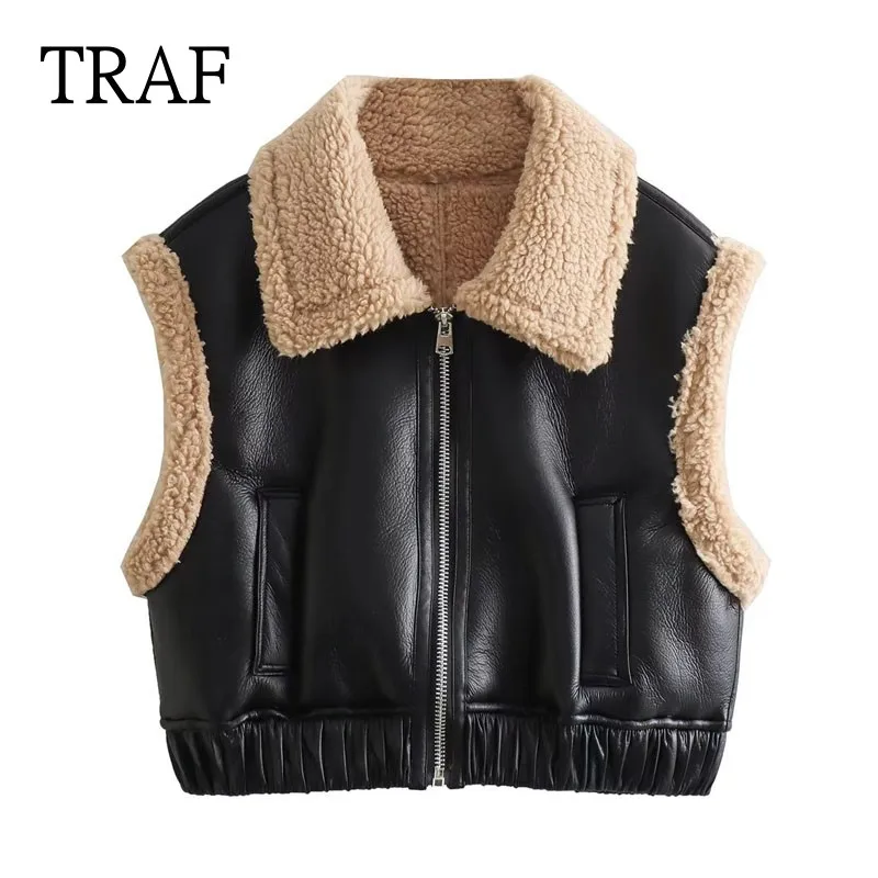 

Жилет женский кожаный двусторонний с карманами, на осень/зиму