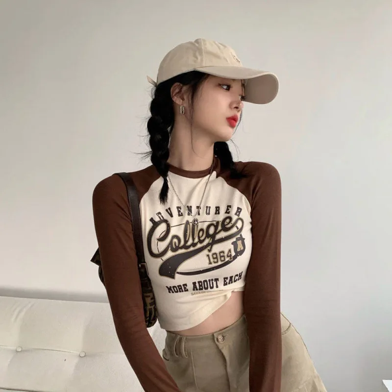 

2023 Women T-Shirt Y2k Crop Top Summer Sexy Long Sleeve Letter Print Cropped Harajuku Vintage Korean Fashion Girls Clothes