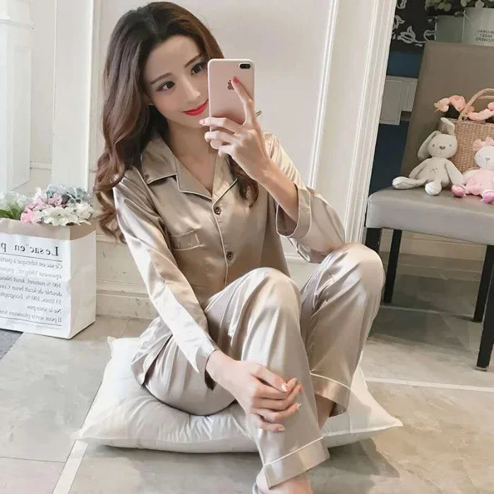 لون نقي الحرير الجليد طويلة الأكمام السراويل الطوي...