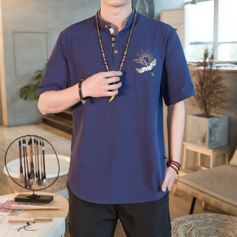 

Plus Size M-5XL Casual Shirts Men Korean Streetwear Button Up Linen Cotton Blouse Short Sleeve Summer Clothing for Man XXXXXL