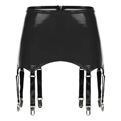 Women's Wet Look Suspender Belt Mini Skirt with Leather Garters and Metal Clips - Clubwear Costume - XXXL (Black)